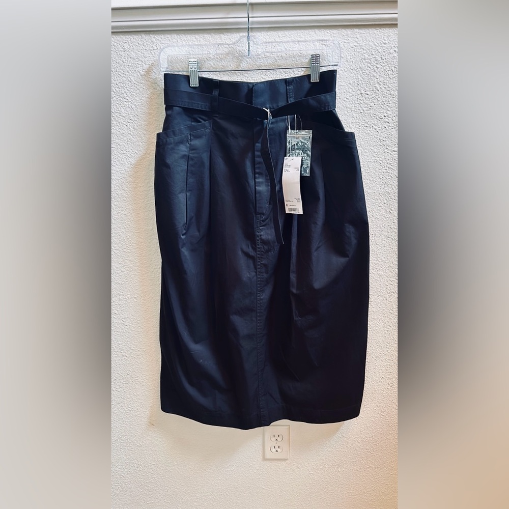 Uniqlo 100% Cotton Black Belted Midi Skirt Size 8 - Picture 2 of 5